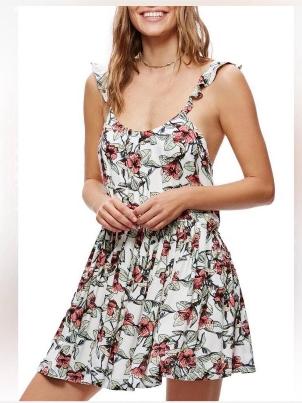 Free People White Mini Dress with Pink Floral Print